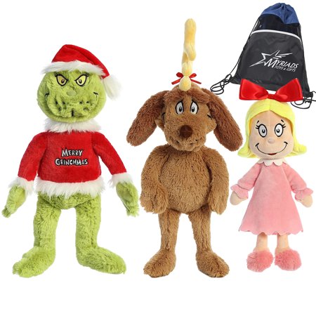 Aurora Christmas Set of 3: 18" Max with Antler, 12" Cindy-Lou who and 18" Merry Grinchmas Grinch with Drawstring Bag