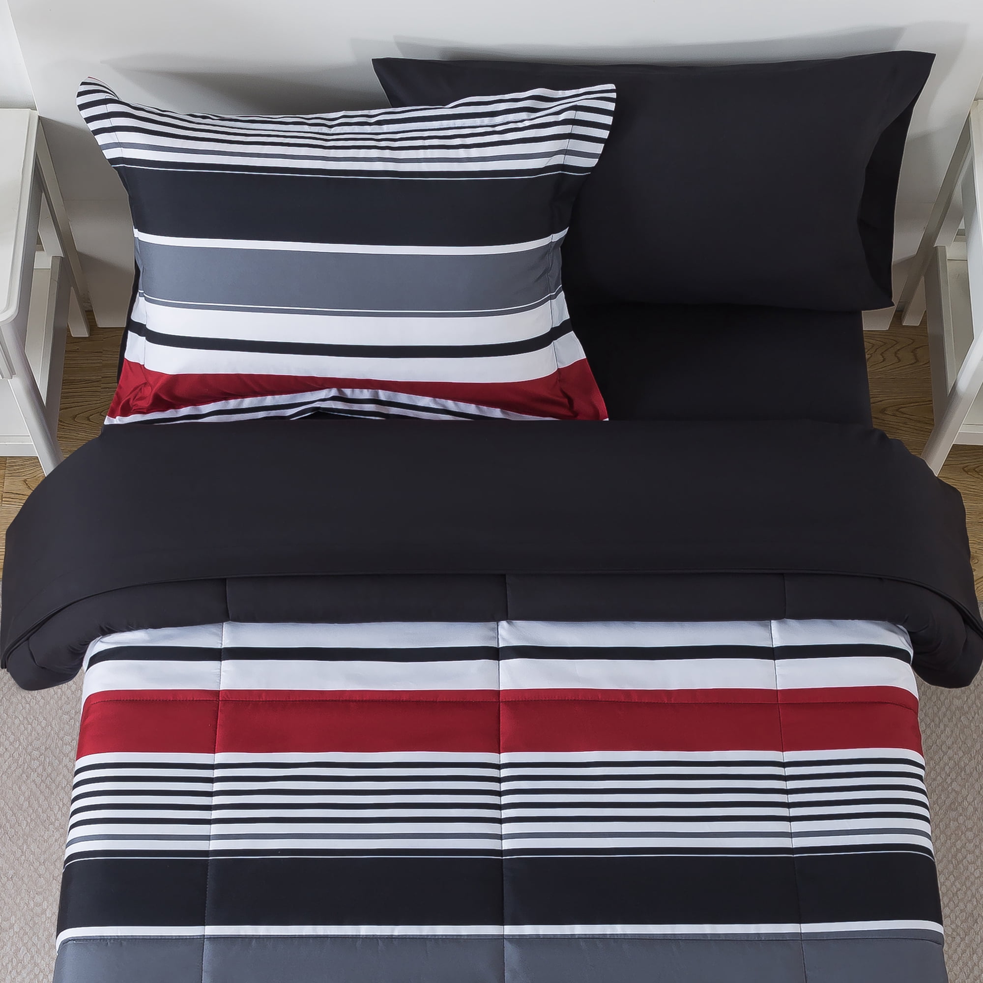 Mainstays All in One Reversible Comforter and Sheet set- 5 Piece, Twin, Red and Black Stripe