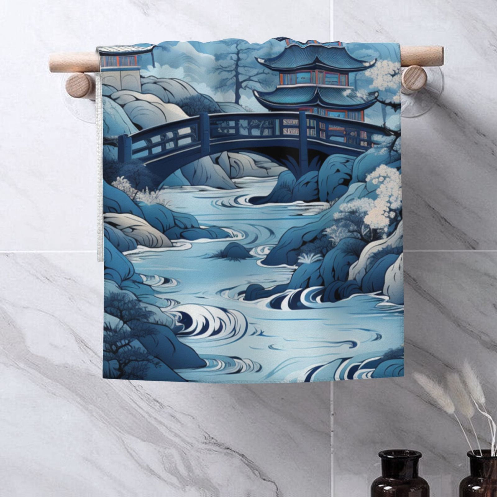 Chinese Style Powder Chinoiserie Toile Blue 27.5" x 16" Ultra Soft Hand Towel, Face Wash Cloth for Bathroom, Gym, Travel, Pool