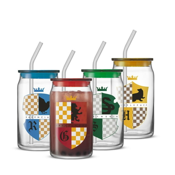 Harry Potter House Crests Tumbler Glasses with Lids, 16-Ounce, Set of 4
