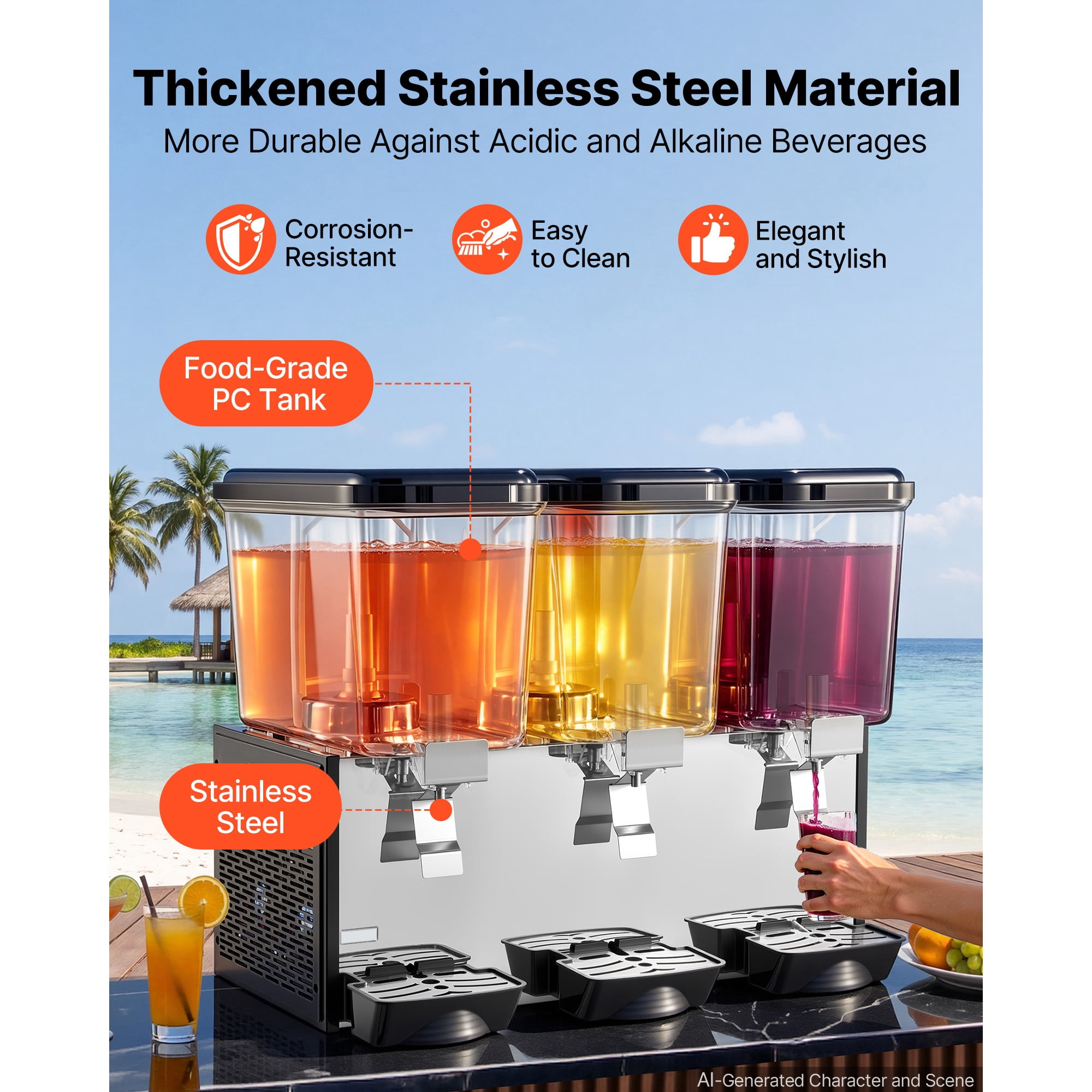 KFFKFF Commercial Beverage Dispenser with 3 Tanks, 18L / 19 QT Capacity Per Tank, Stainless Steel Juice and Iced Tea Dispenser, Cooling Range 45℉-54℉, Ideal for Serving Cold Drinks at Restaurants