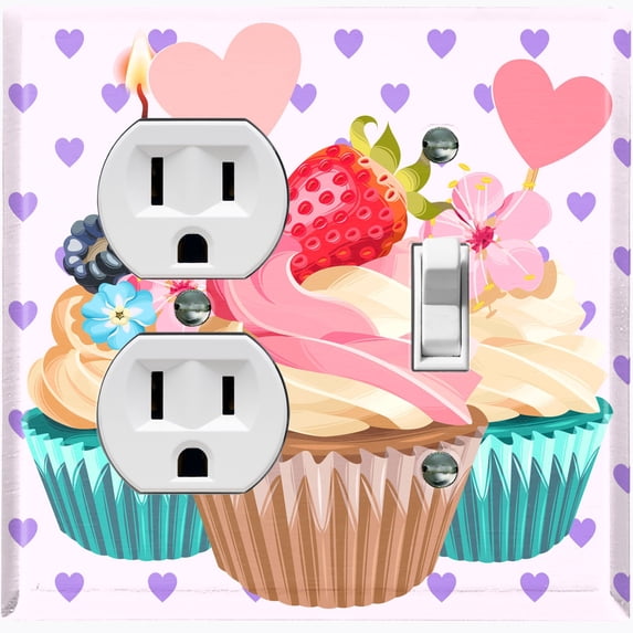 Metal Light Switch Plate Cover Floral Fruit Cupcakes Purple Heart Wallpaper CAK037