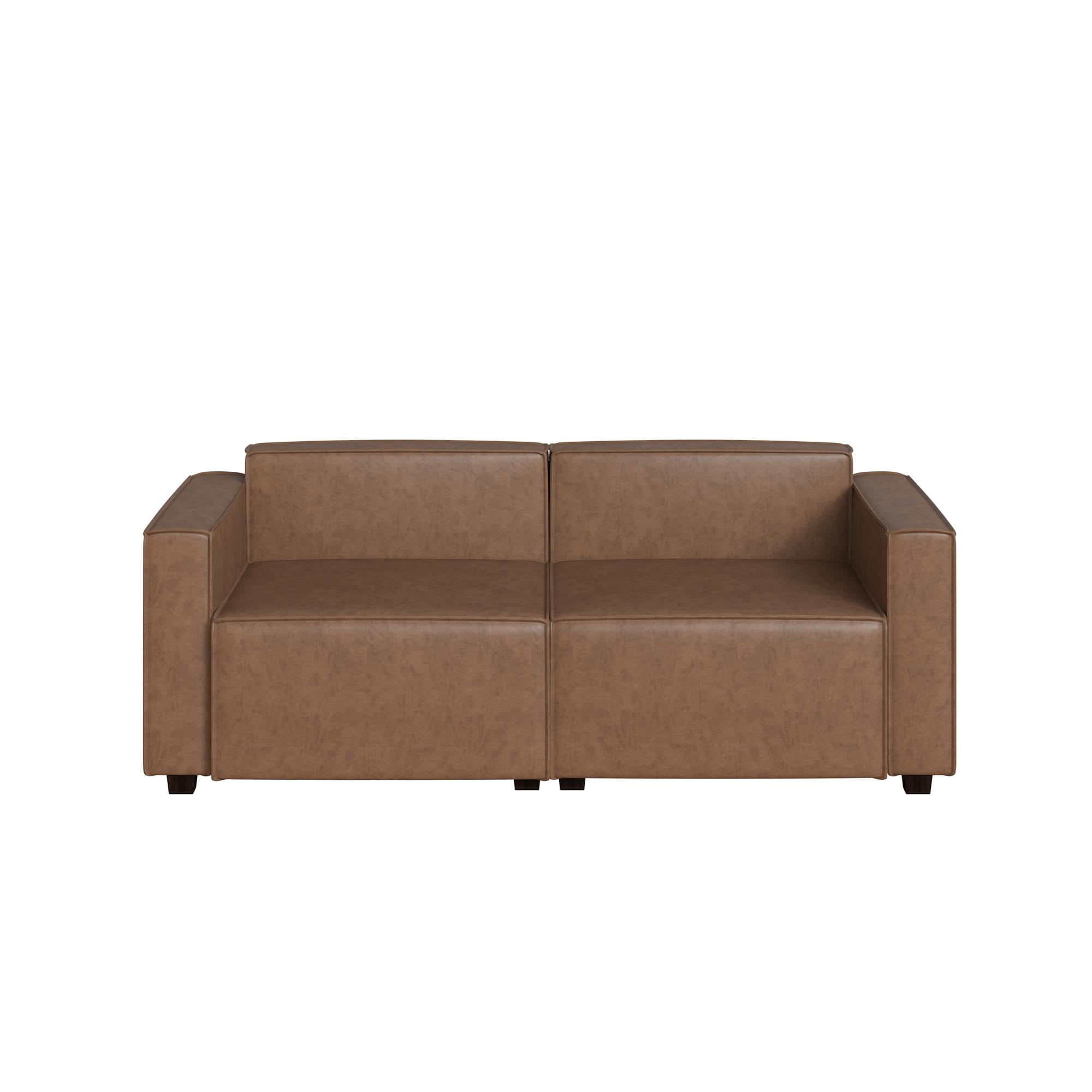 Mainstays Wynnewood 75" Low Profile Faux Leather Sofa Couch with 2 Throw Cushions, Brown