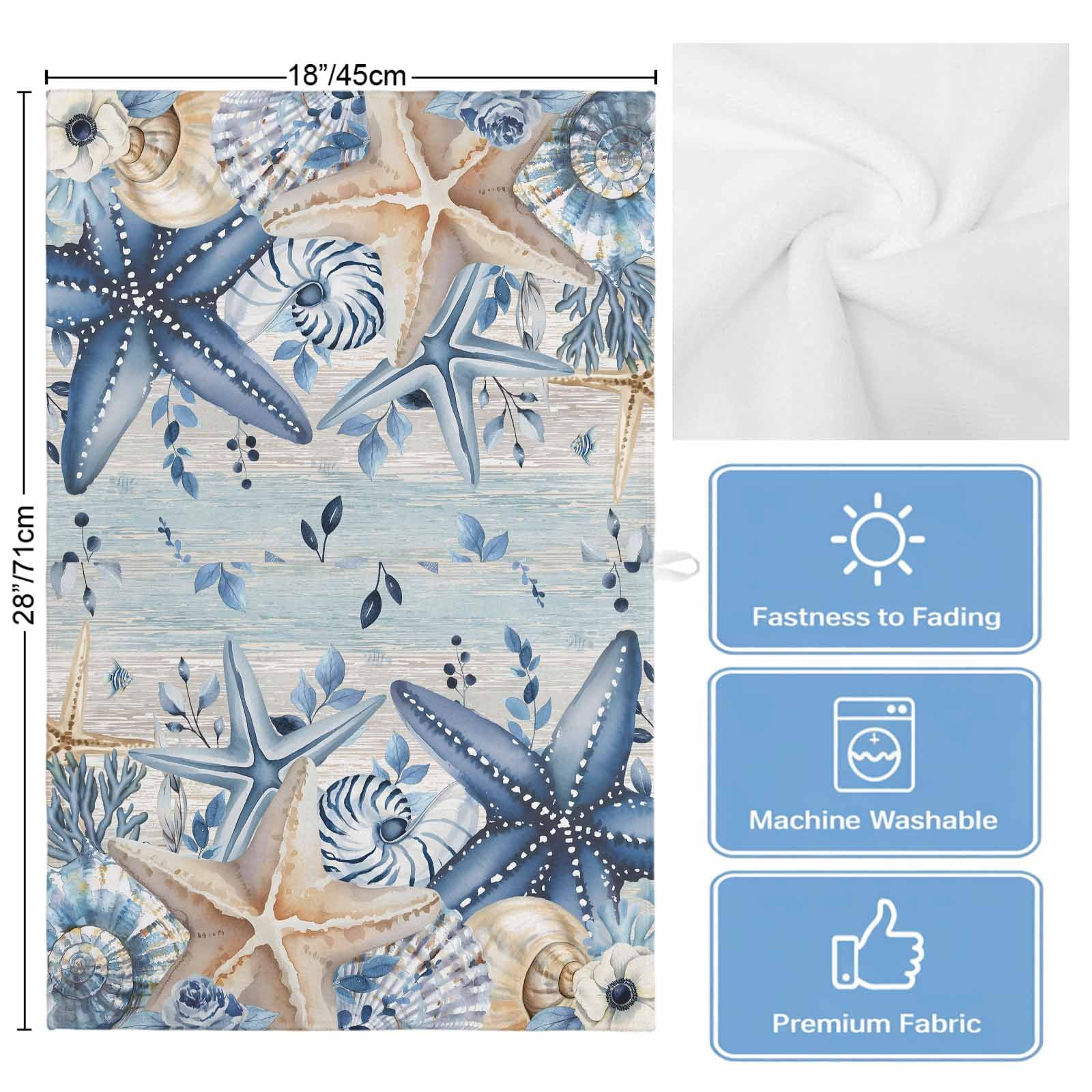 Blue Starfish Coastal 1 Pack Kitchen Towel, Water Absorbent Dish Towel, Eucalyptus Summer Nautical Shell Vintage Decorative Hand Towels - Quick Drying Cloth for Cooking Baking, 18x28 Inch