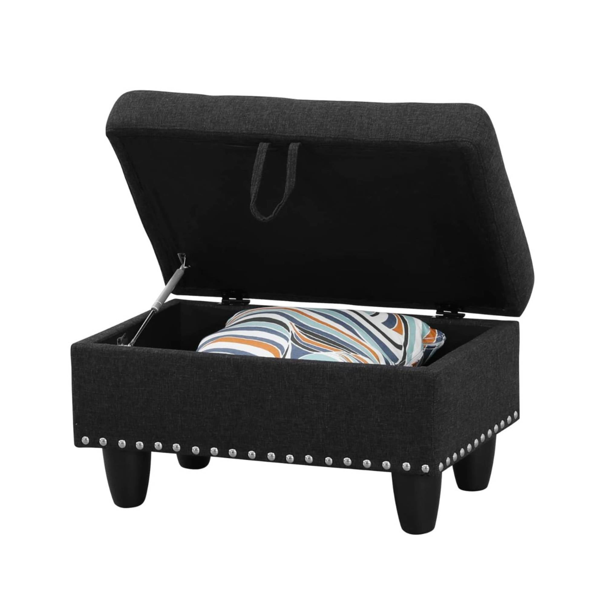 Leather Storage Ottoman Bench wiht Button Tufted, Nail-HeadFoot Rest Ottoman Stool for Living Room, Black