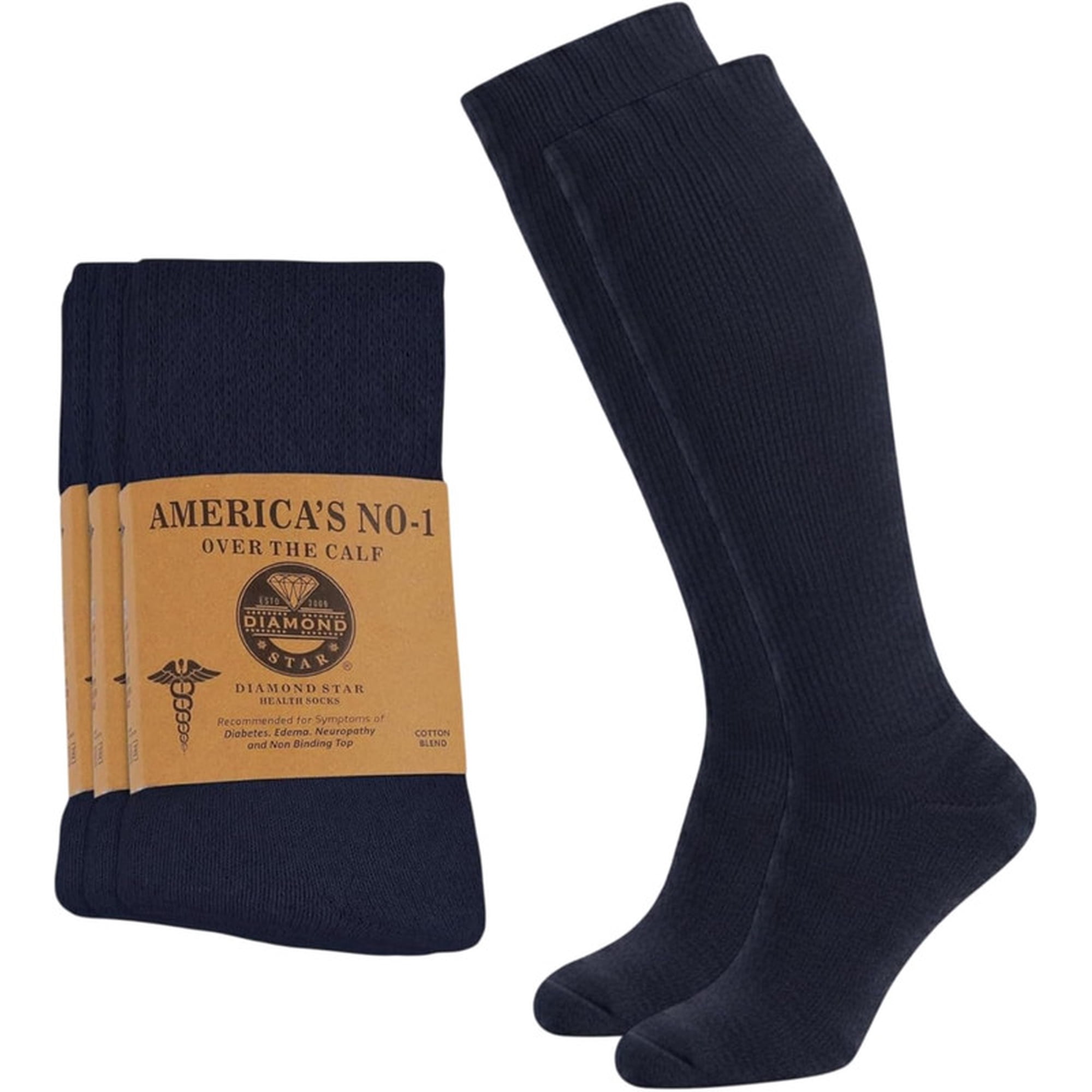 Diamond Star Diabetic Over the Calf, Non-binding Premium Cushion Cotton Knee High Comfortable Socks for Men (Navy - 2 Pairs, Socks Size 13-16)