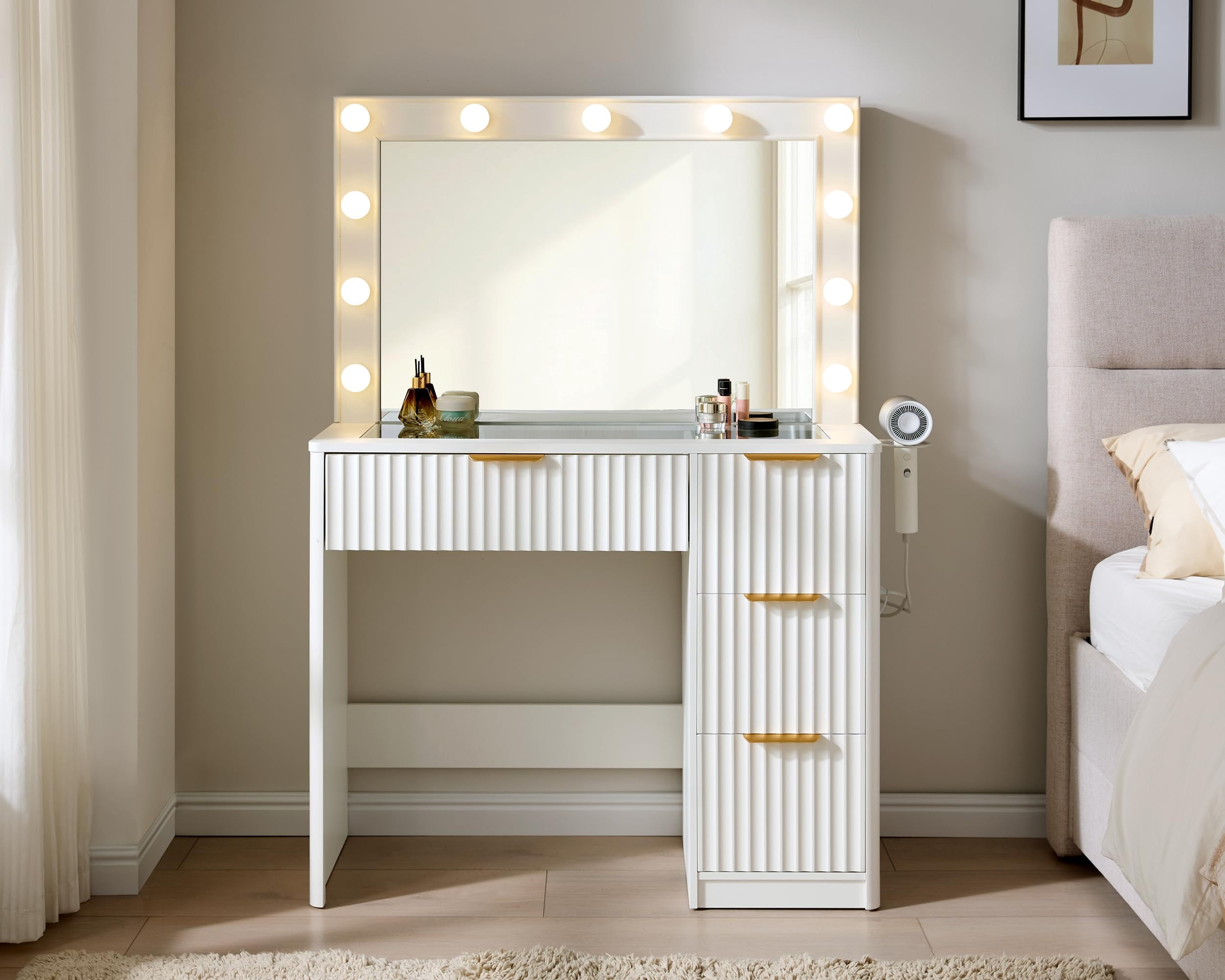 Merluxy 36.2" Girls Vanity Desk with Large Mirror and Adjustable LED Lights, 4 Drawers Makeup Table with Glass Top and Charging Station, White