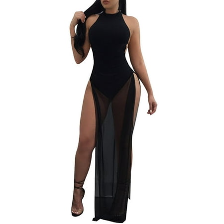 Mesh Emma Dress - Sleeveless Backless Halter Sexy Solid Mesh Dress