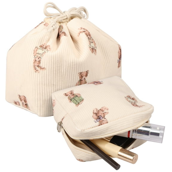 2 Pcs Cute Aesthetic Makeup Bag Set for Women Soft Corduroy Cosmetic Bag Set with Canvas Lining for Home Traveling Daily Trip