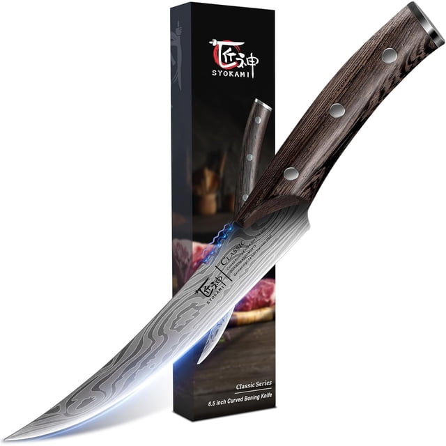 SYOKAMI Boning Knife for Meat Cutting, 6.5 Inch Fish Fillet Knife with Wood Handle, High Carbon Razor Sharp Curved Blade Deboning Knife with Exquisite Box Ideal for Thanksgiving, Christmas Gift