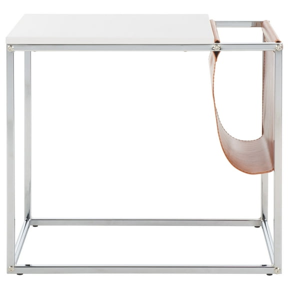 SAFAVIEH Eugenia Modern Style Side Table, White/Brown/Chrome (22 in. W x 13.8 in. D x 19.7 in. H)