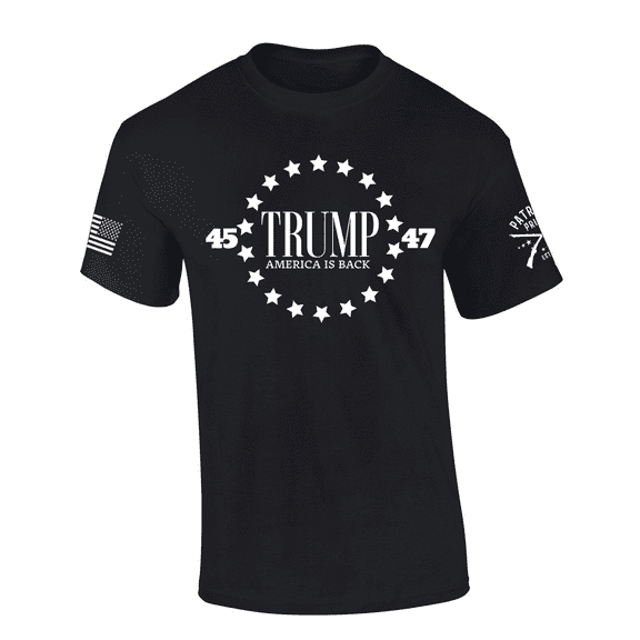 Patriot Pride Trump America Is Back Circled Stars 45-47 American Flag Short-Sleeve T-Shirt-Black-6xl