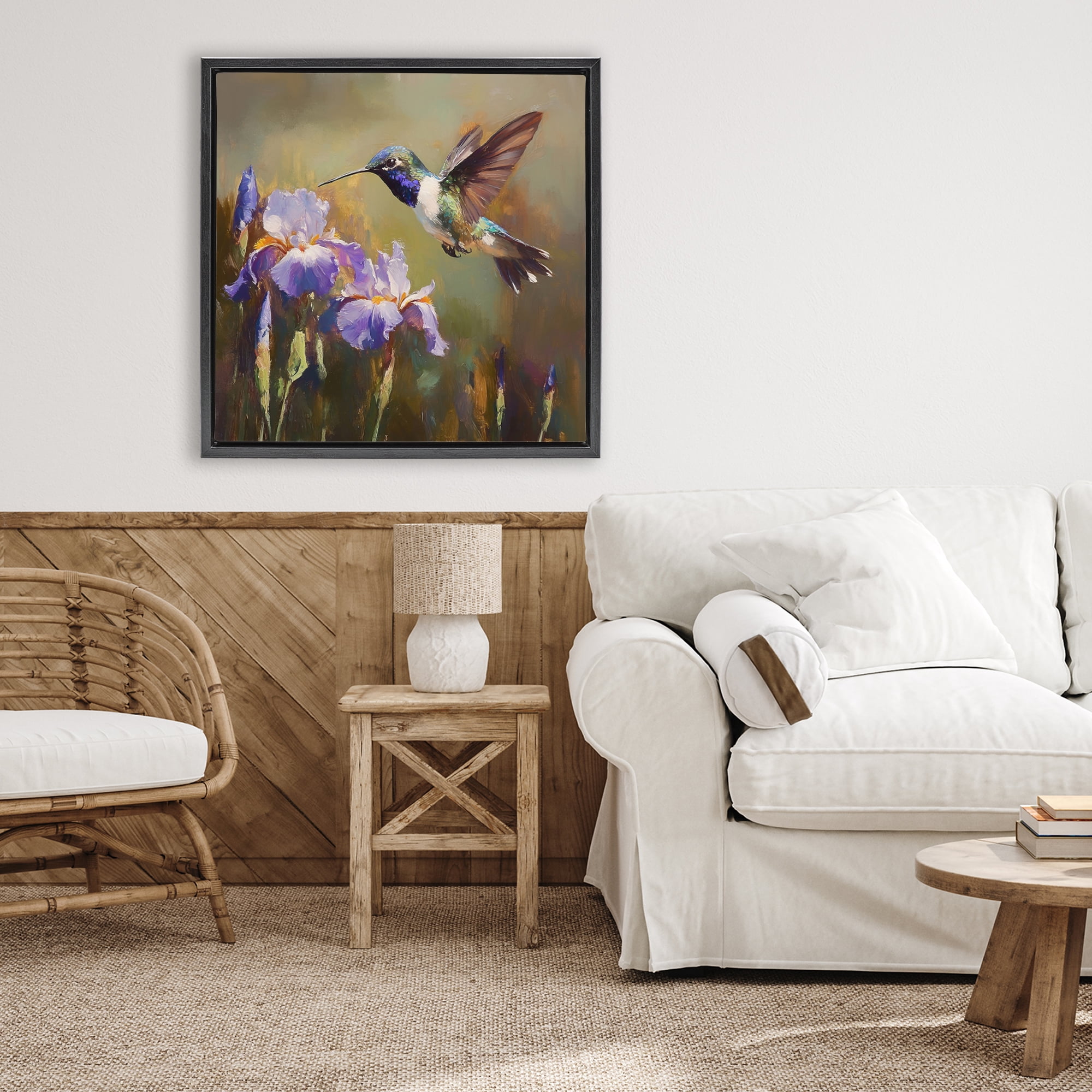 Stupell Industries Hummingbird & Purple Irises Black Framed Floater Canvas Wall Art, design by Tina LeCour