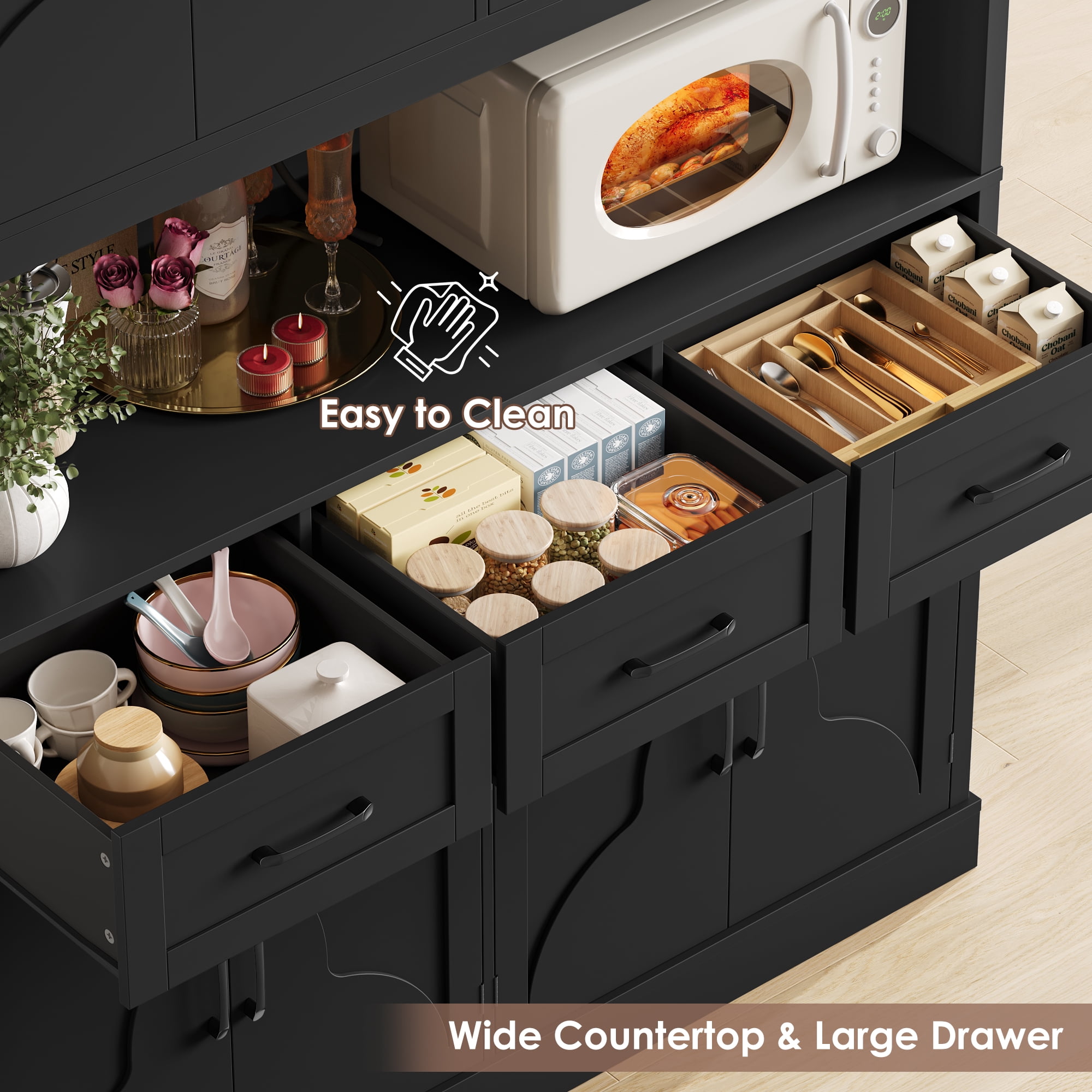 Homfa 76" Tall Kitchen Pantry Cabinet, Modern Storage Cabinet with Microwave Stand, Freestanding Cupboard with 3 drawers, Hutch Cabinet for Living Dining Room, Black