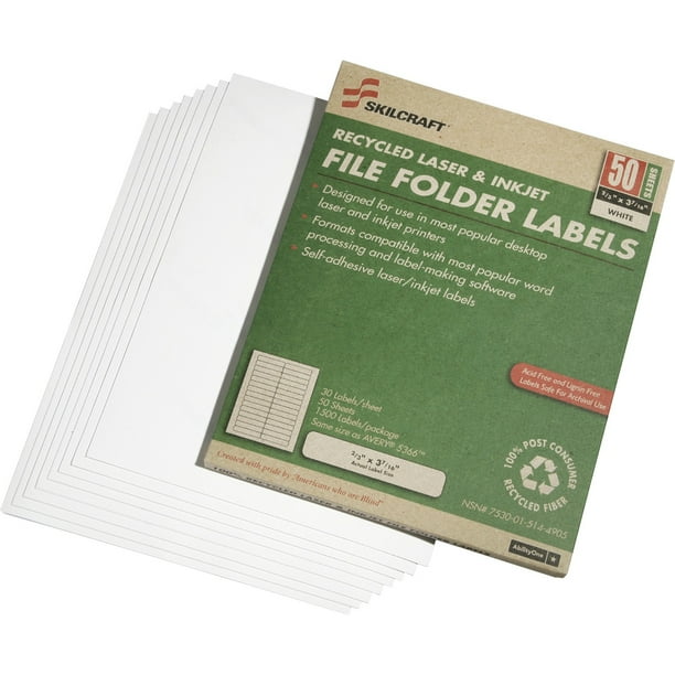 SKILCRAFT, NSN5144905, Recycled Laser/Inkjet File Folder Labels, 1500 /  Box, White
