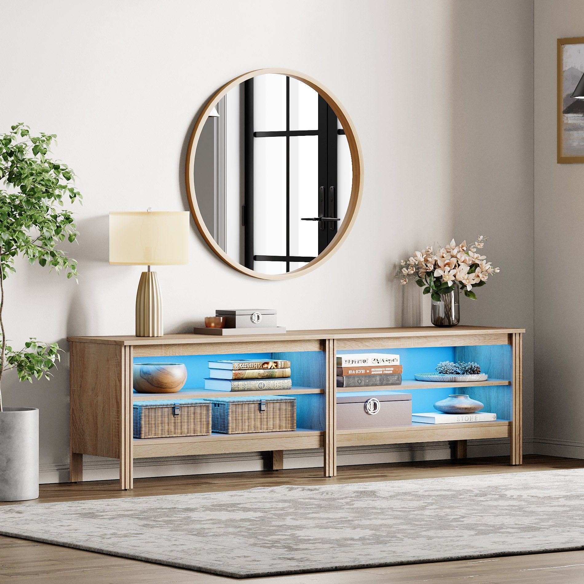 Fitueyes 70" TV Stands for TVs Up to 75 Inch, Media Console with Open Shelves & LED Light for Living Room, Oak