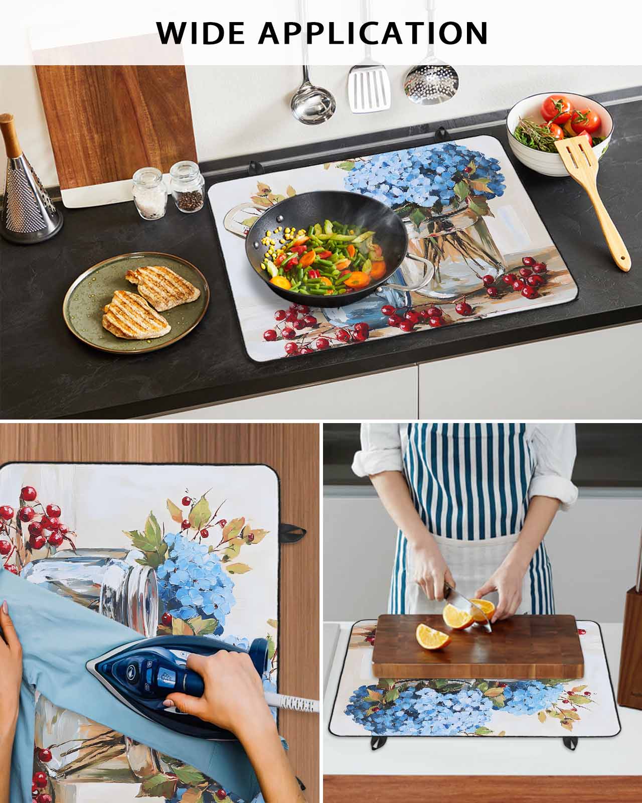 nqOlkjepod Large Induction Cooktop Protector Mat 36"x21", Flowers Fruit Stove Top Covers for Electric Stove, Blue Hydrangeas Vintage Farm Leaves Stove Burner Cover Mats, Glass Top Stove Cover