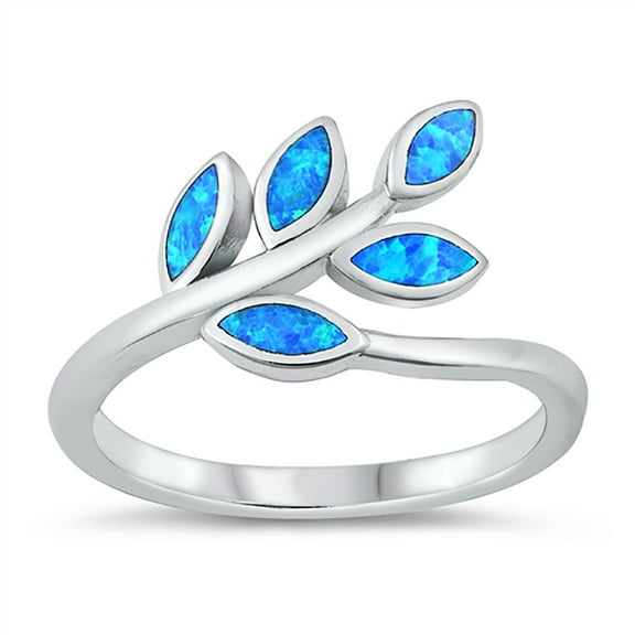Blue Simulated Opal Olive Branch Ring Sterling Silver Size 7