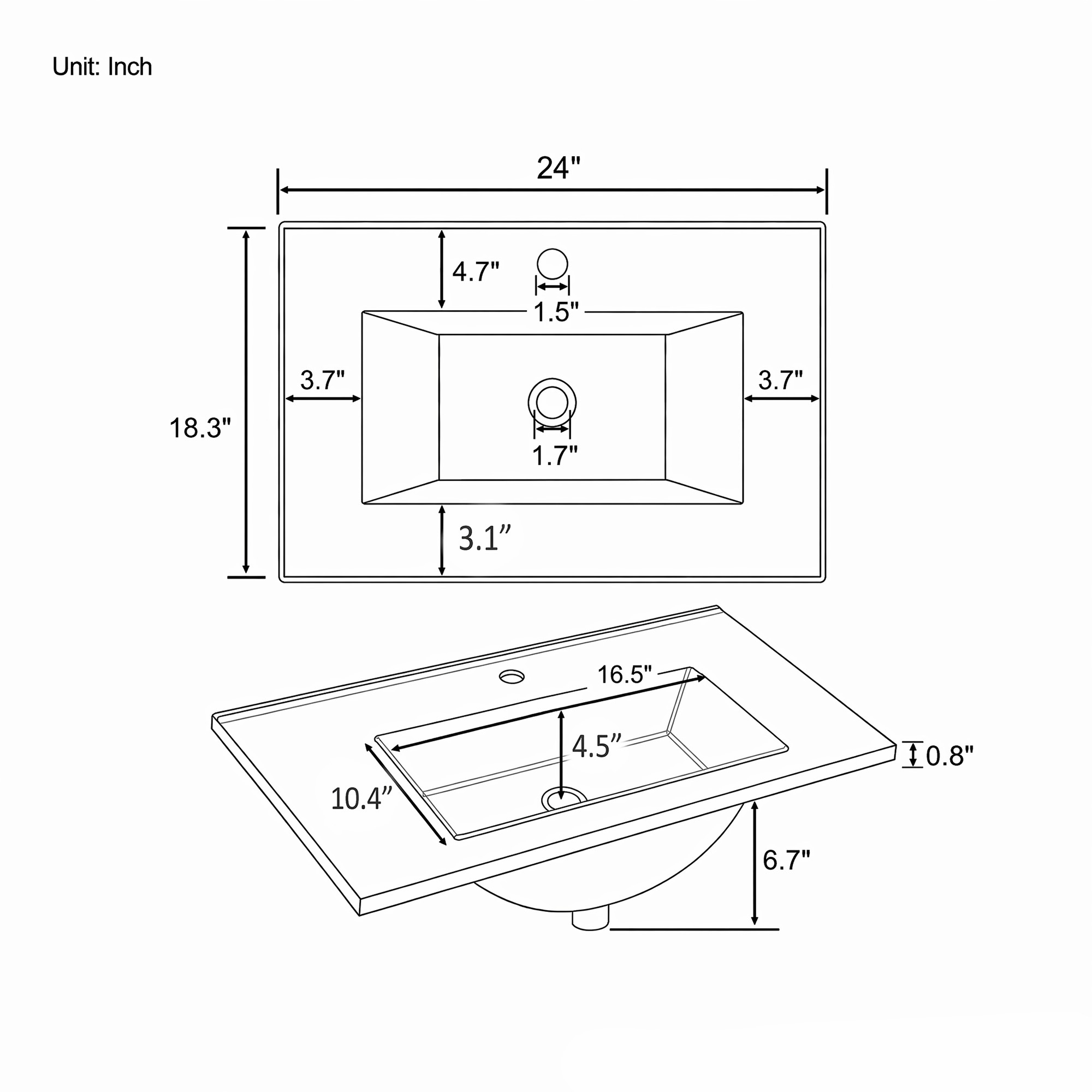 Leumius 24" Ceramic Basin Sink,Ultra-Thin 0.8" Rim,Single Faucet Hole,Wall-Mount or Vanity Top Compatible,White
