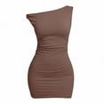 thumbnail image 4 of MYAOYI Womens One Shoulder Bodycon Dress Asymmetric Ruched Side Mini Dress, 4 of 8