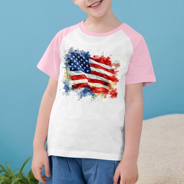 MKOSPLRT T-Shirt Drapeau Américain Tout-Petit Enfants Garçons Filles Patriotique Manches Courtes Raglan T-Shirts Col Rond Rouge Blanc et Bleu T-Shirts 3-14a