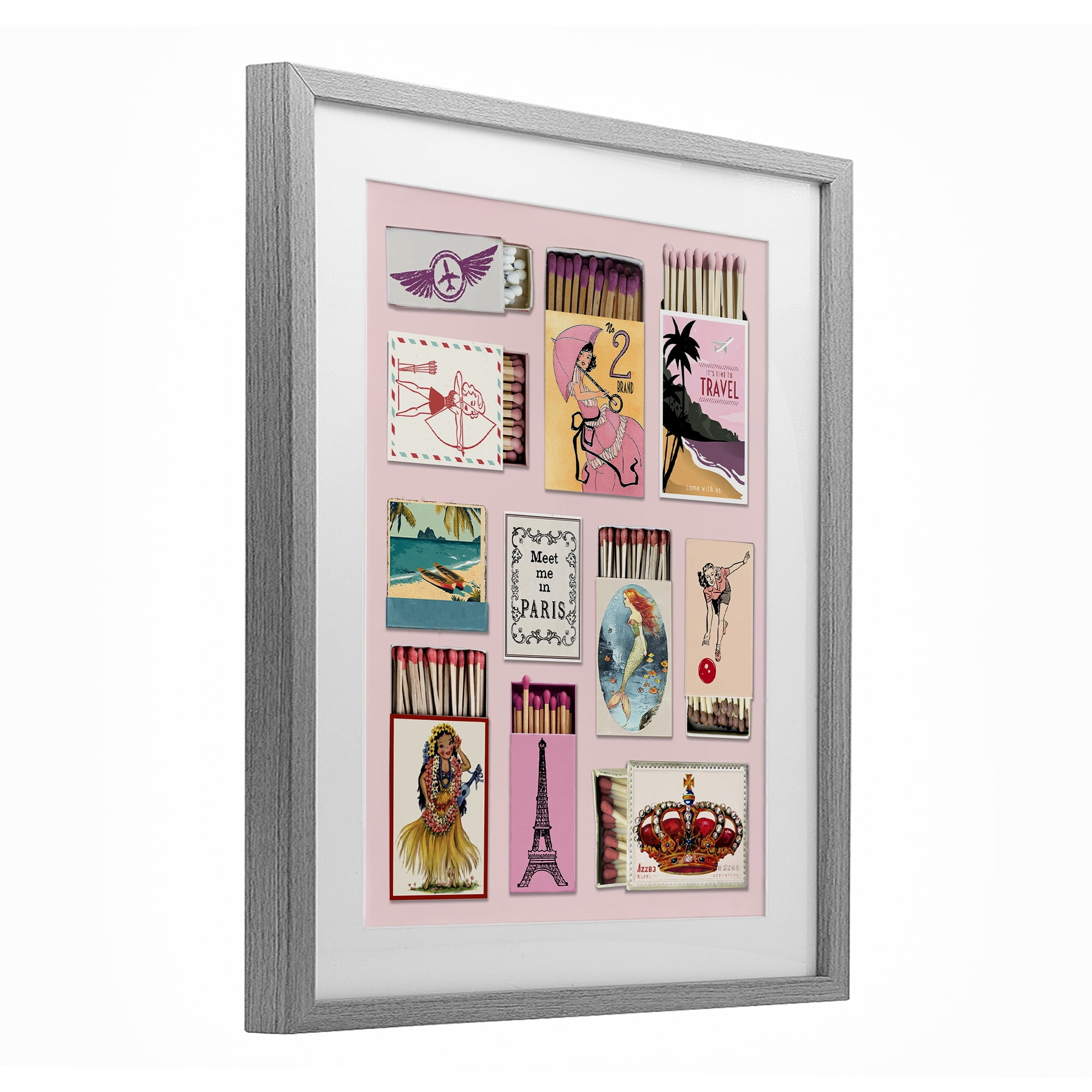 Stupell Industries Vintage Travel Matchbook Montage Gray Framed Print Under Glass, design by CAD Designs