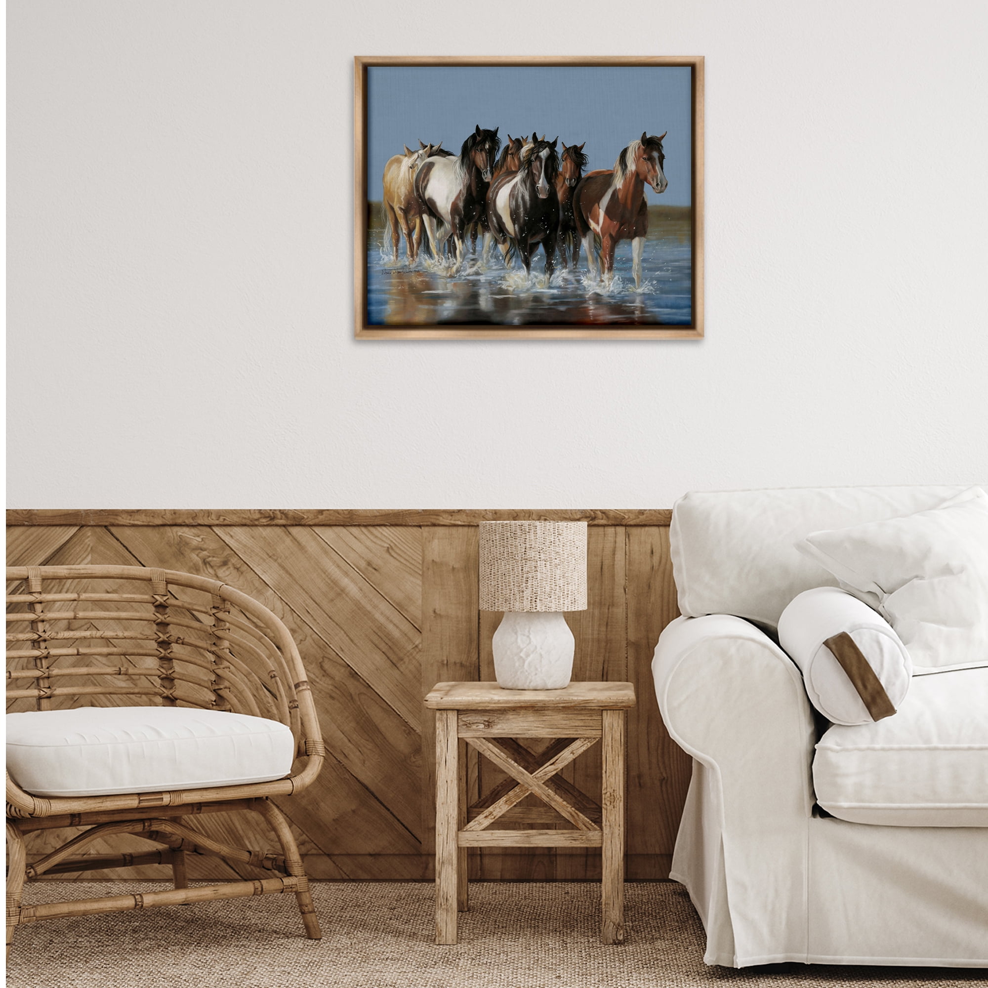 Stupell Industries Horses Running Through River Animals & Insects Painting Brown Floater Framed Canvas Art Print Wall Art, 31 x 25