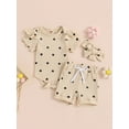 thumbnail image 2 of Cenuakty Baby Girl Summer Outfit Heart Print Rib Knit Short Fly Sleeve Romper Elastic Waist Shorts Headband 3Pcs Clothes Set, 2 of 9