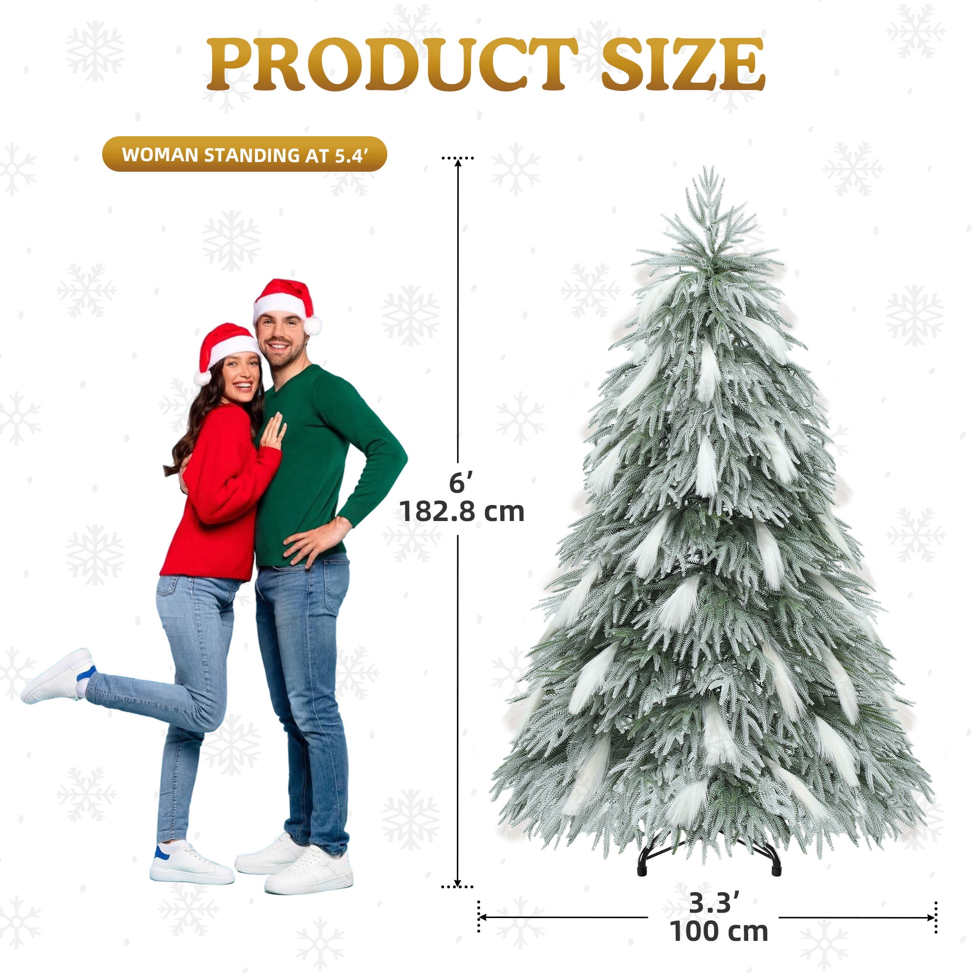 Uforic 6ft Pre-Lit Flocked Natural Drooping Pampas Christmas Tree with 30 Feathers, 355 Branch Tips and 400 Lights, for Home, Office, and Party Decor