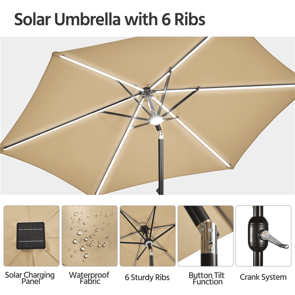 Renwick 9Ft Outdoor Patio Umbrella with Solar Powered LED Lights Strips, Tan