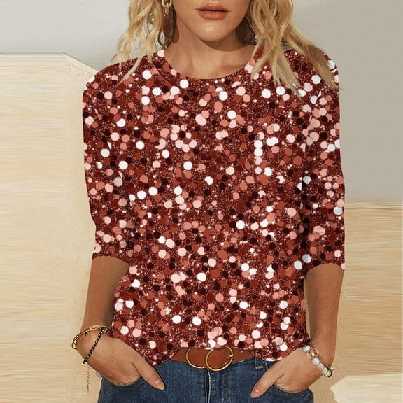 Mgmyaa Women's Sequin Printed Blouses 3/4 Sleeve Crew Neck Tops Casual Fashion T-Shirts