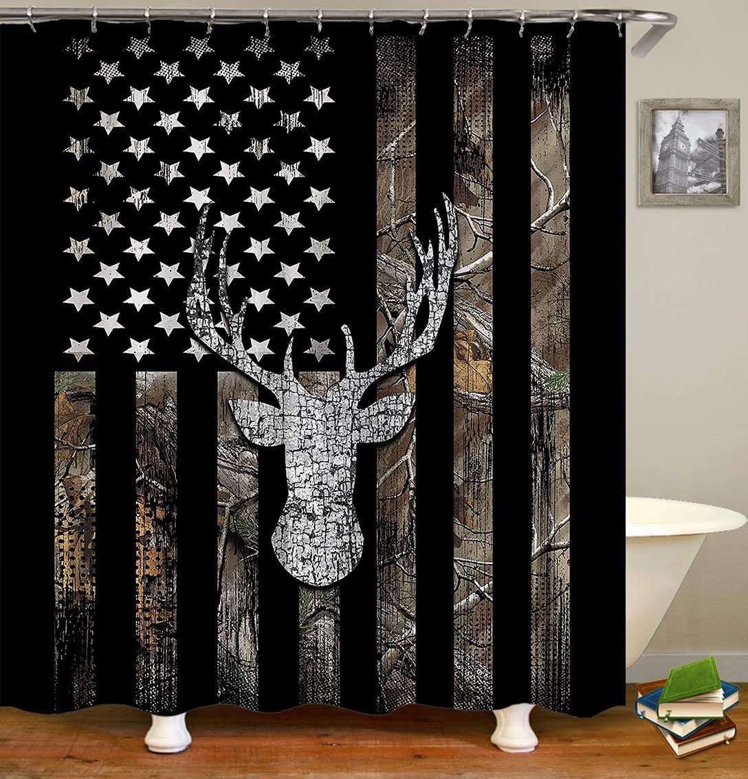4PCS Camo Shower Curtain Set, Vintage Black and White American Flag Woodland Elk Moose Bear Wildlife Animal Hunting Lodge Rustic Cabin Country Bathroom Decor, Non-slip Bath Mat, Deer Head