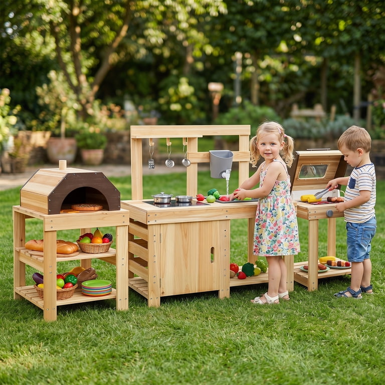 Costway 3-Piece Outdoor Wooden Kitchen Playset Kids Mud Kitchen
