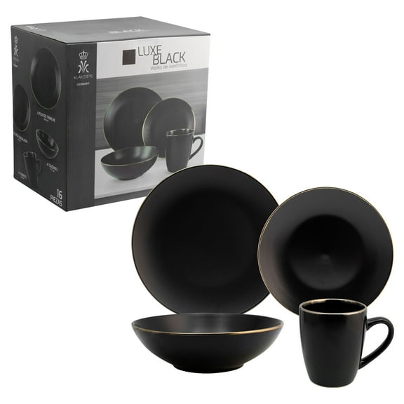 Vajilla Cerámica Ambient 21 Familiar Colección Luxe Acabado Mate con Filo Dorado 4 Personas 16 Piezas Negro