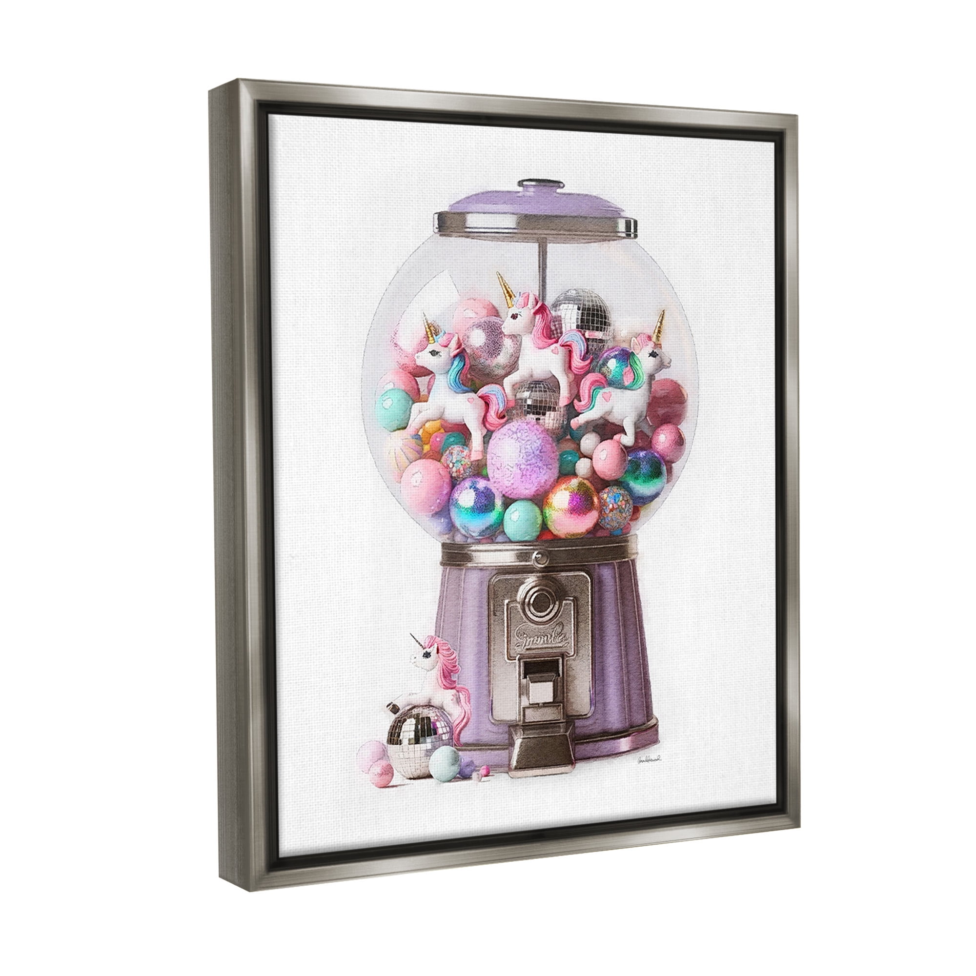 Stupell Industries Unicorn Gumball Machine Fairy Tales & Fantasy Painting Gray Floater Framed Canvas Art Print Wall Art, 17 x 21