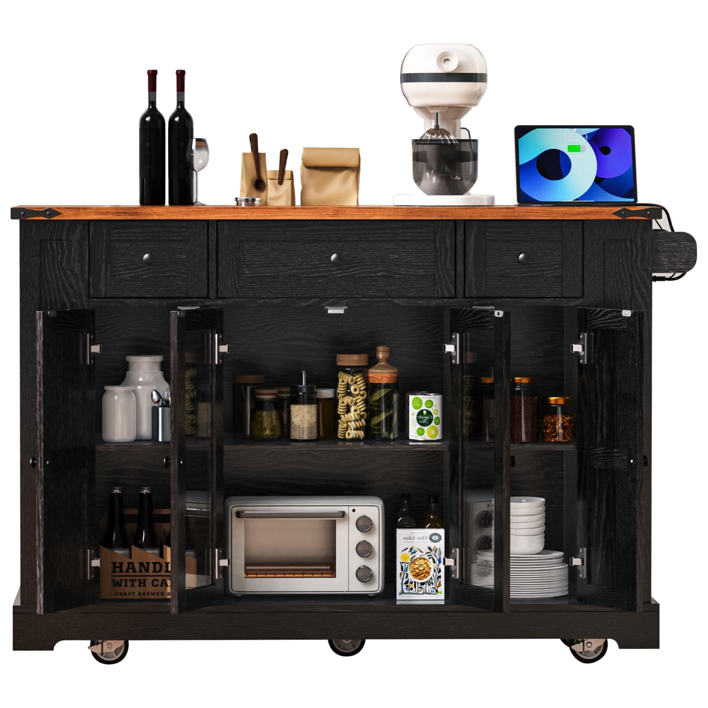 53'' Farmhouse Kitchen Island with Two Tempered Glass Cabinet Doors, Kitchen Rolling Island with Power Outlet 5 Open Side Racks and 3 Drawers,Mobile Island Table for Kitchen, Dining Room,Black