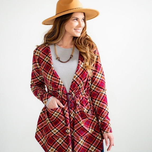 Howard's S/M Red Plaid Long Sleeve Brushed Jersey Tie Front Drawstring Cardigan with Patch Pockets for Women