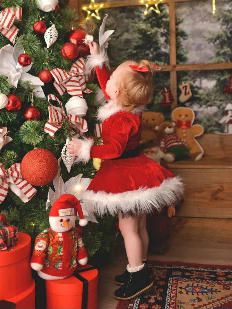 infant christmas dresses walmart Toddler Baby Girl Christmas Dress Santa Claus Dress Red Velvet Long Sleeve  Tulle Princess Dress with Headband Outfit