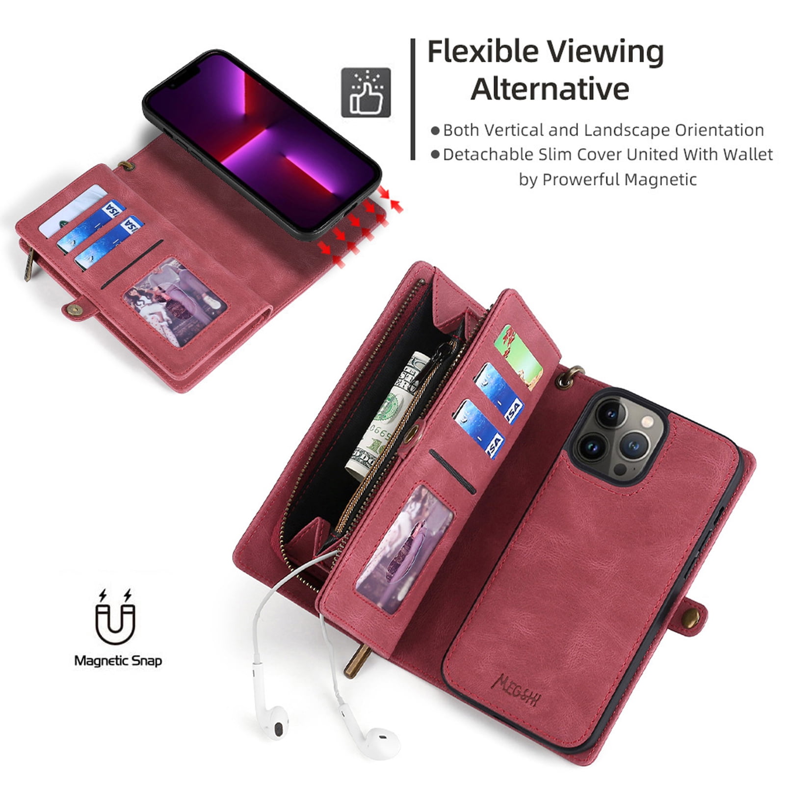 Defencase for iPhone 15 Plus Case for Women Men, Removable Durable PU Leather Magnetic Flip Strap Wristlet Zipper Purse Card Holder Detachable Wallet Phone Cases for iPhone 15 Plus, Red