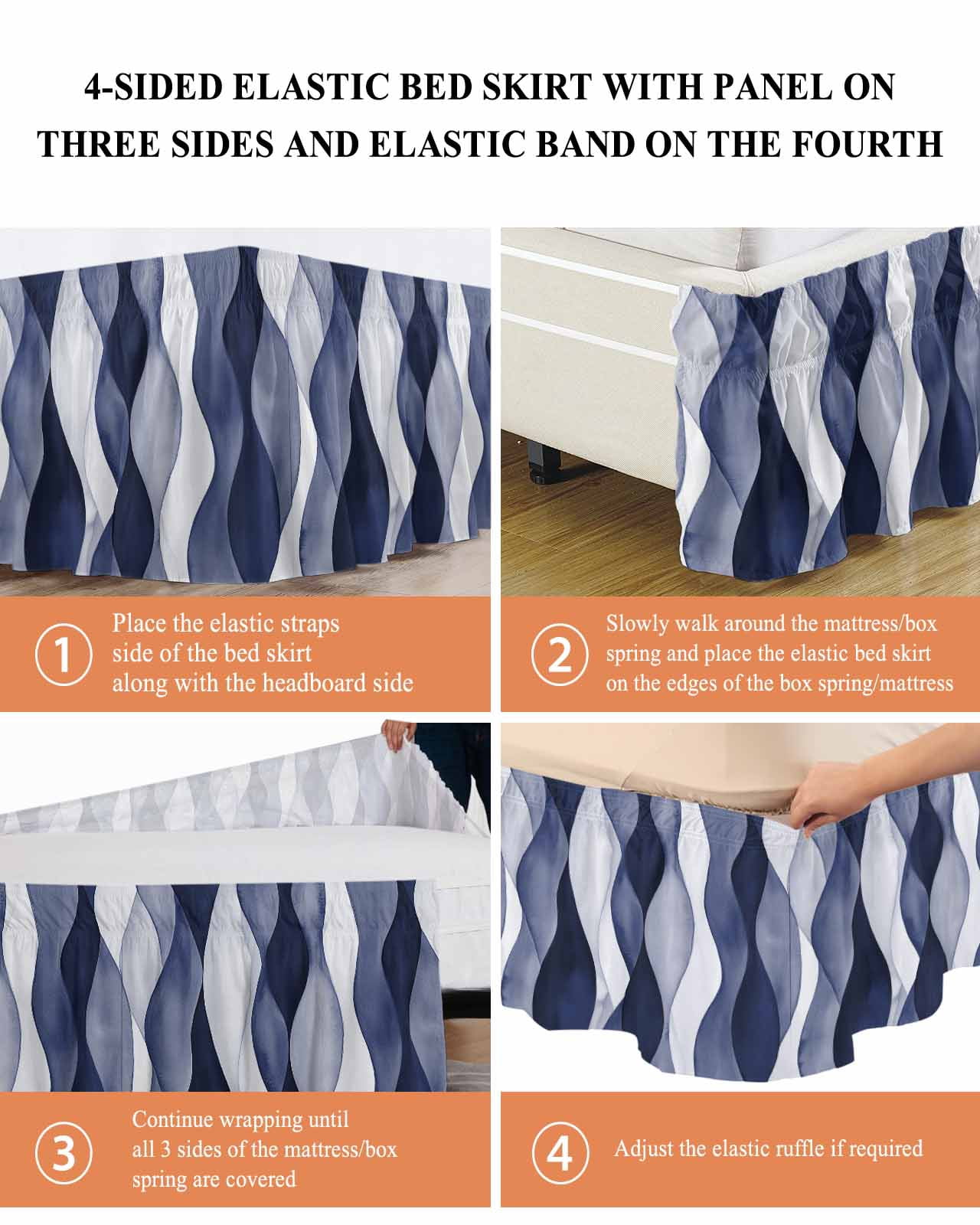 Navy Blue Wrap Around Bed Skirts for Queen Bed 18" Drop, Bed Skirt with Adjustable Elastic Belt Dust Ruffle Bed Valance for Bedroom Hotel Luxury Modern Moire Abstract Ripple Geometric Bed Frame Cover
