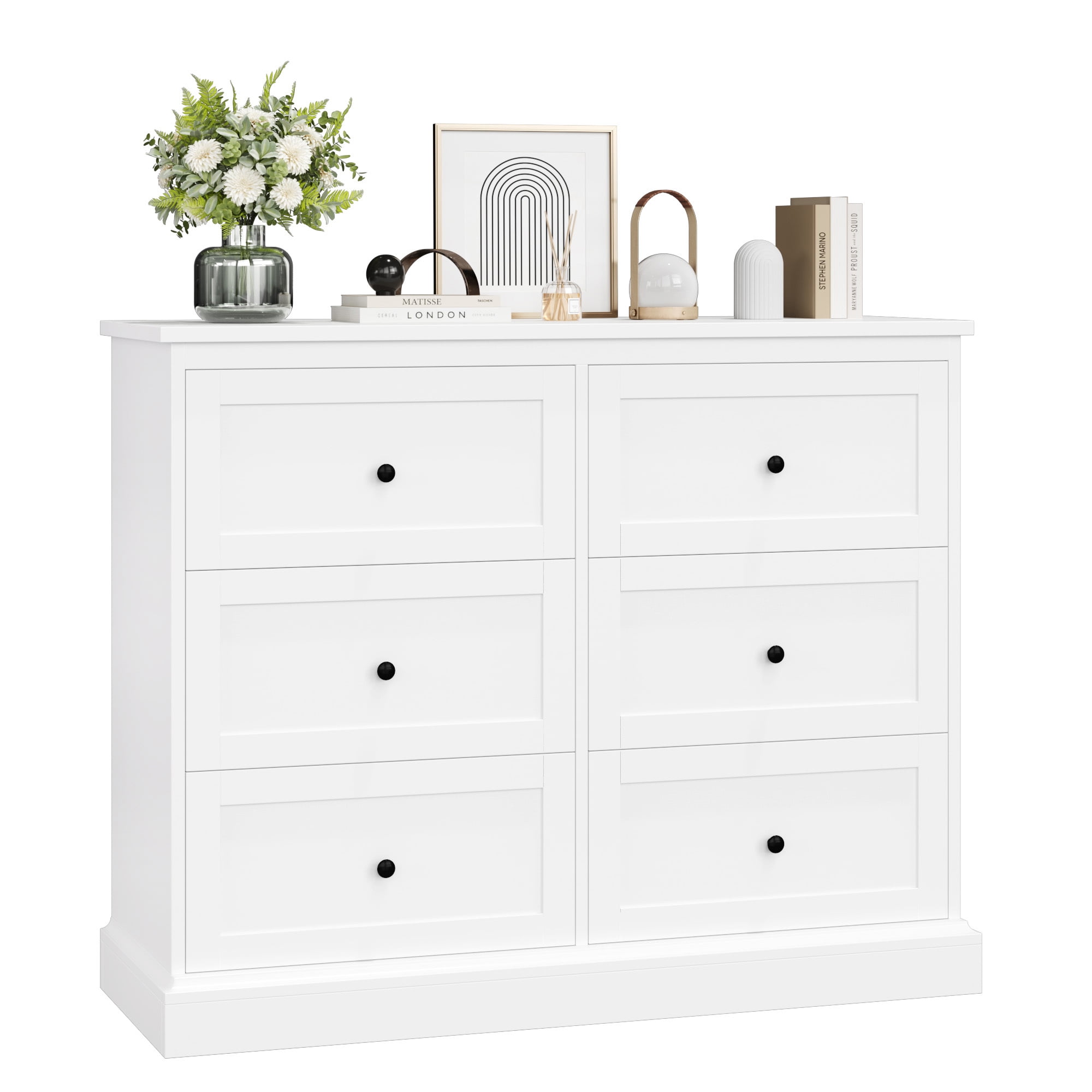 Homfa 6 Drawer Double Dresser White, Wood Storage Cabinet for Living Room, Chest of Drawers for Bedroom