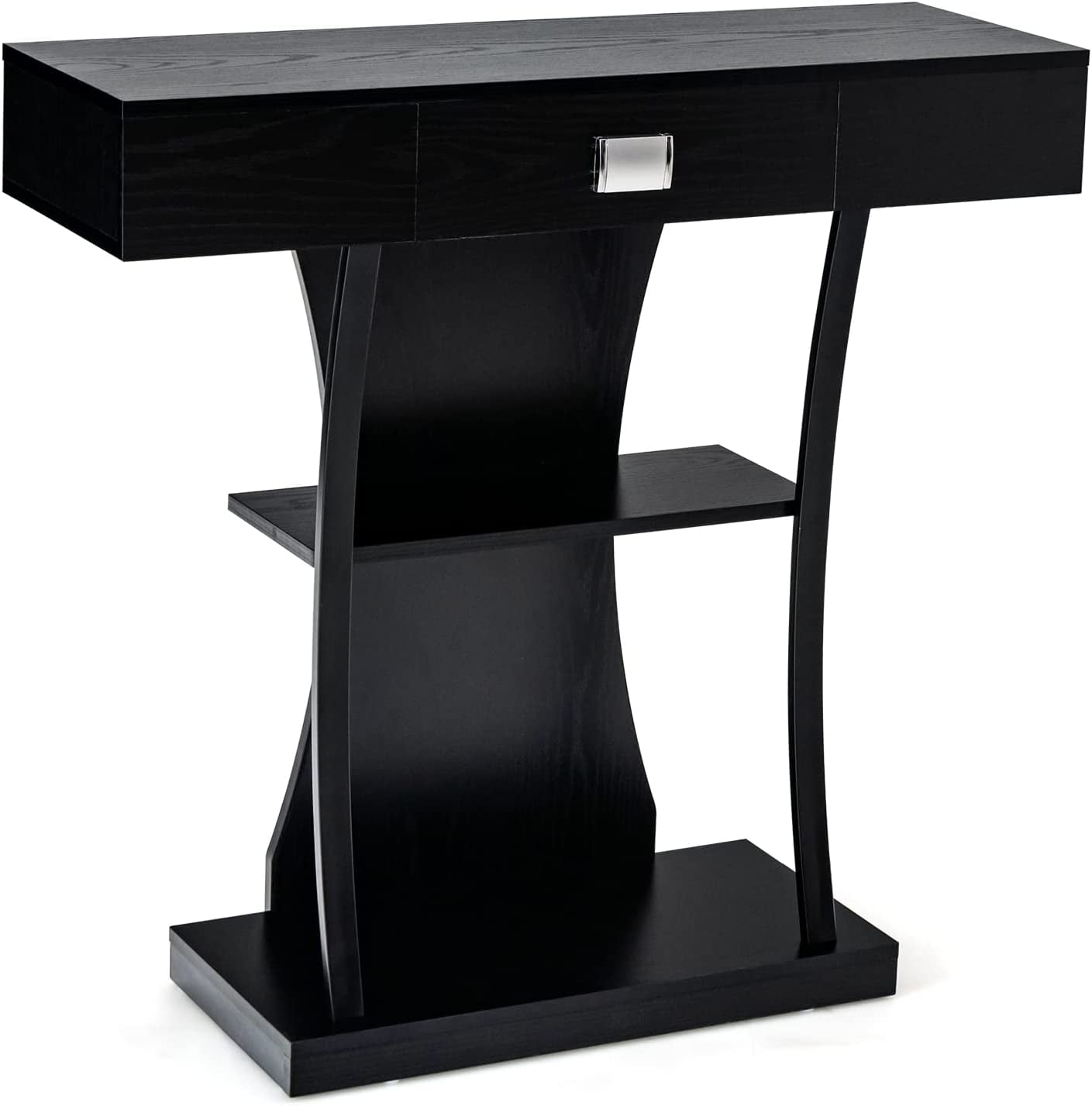 Narrow Console Table T-Shaped - Behind Couch Table with Drawer, Shelves, Dual Anti-Tipping Kits, Modern Foyer Table, Sofa Side Table for Living Room, Entryway, Hallway, Entry Table (Black)
