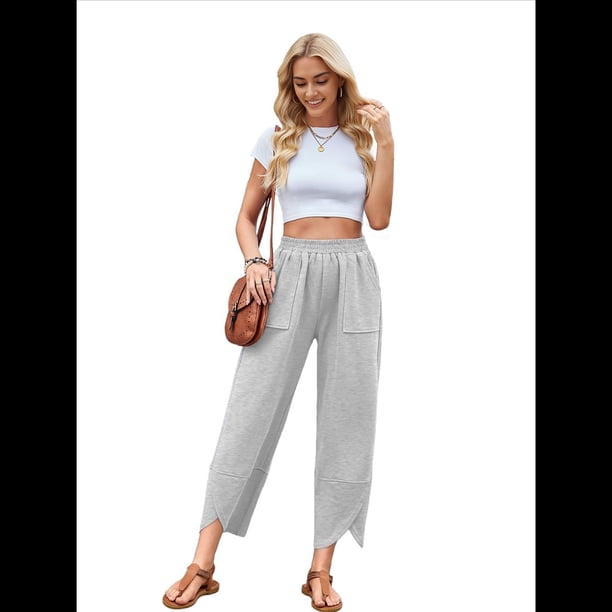 Pantalones Anchos y Holgados para Mujer, Estilo Palazzo Harén, Informales, con Cintura Elástica y Bolsillos, Color Gris , Talla S