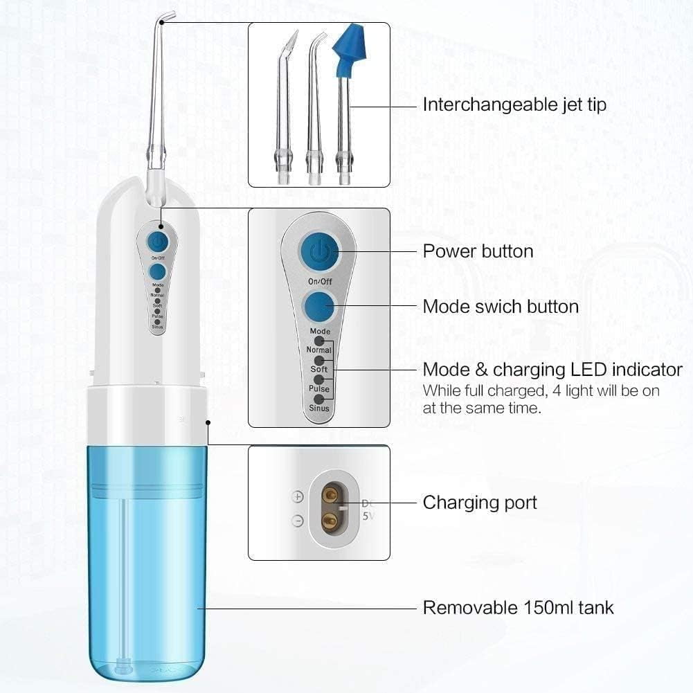 Water Dental Flosser for Teeth, Portable 200ML Water Teeth Cleaner Picks with 4 Cleaning Modes & 5 Jet Tips for Family Use, USB Rechargeable