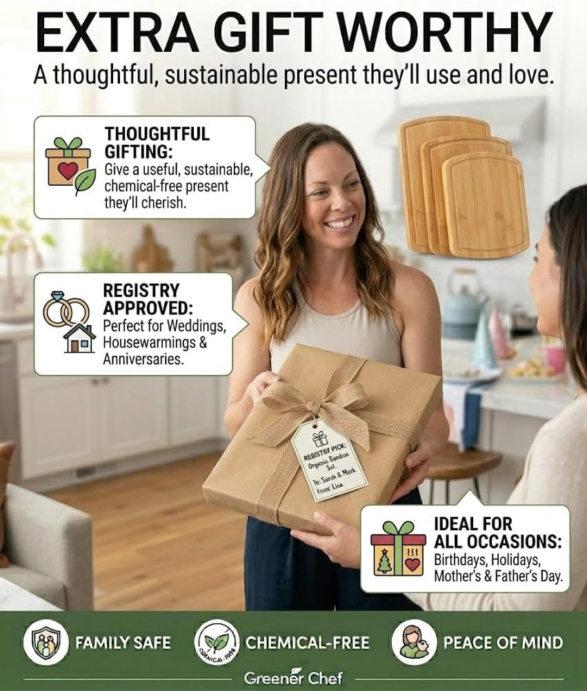 Greener Chef Luxury Bamboo Cutting Board Set of 3, Glue-Free Surface Technology, Extra Spacious XL Wood Kitchen Chopping Boards, Lifetime Replacement