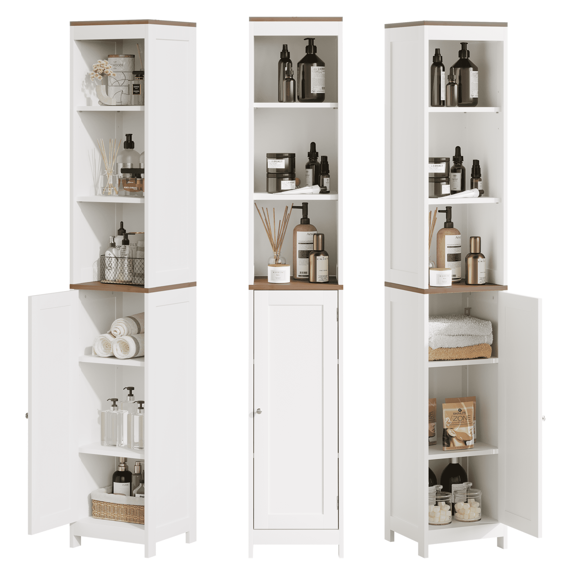 Tall Bathroom Storage Cabinet,Narrow Bathroom Storage,Freestanding Linen Tower with Open Shelves,Floor Cabinet Organizer for Bathroom,Small Spaces,White