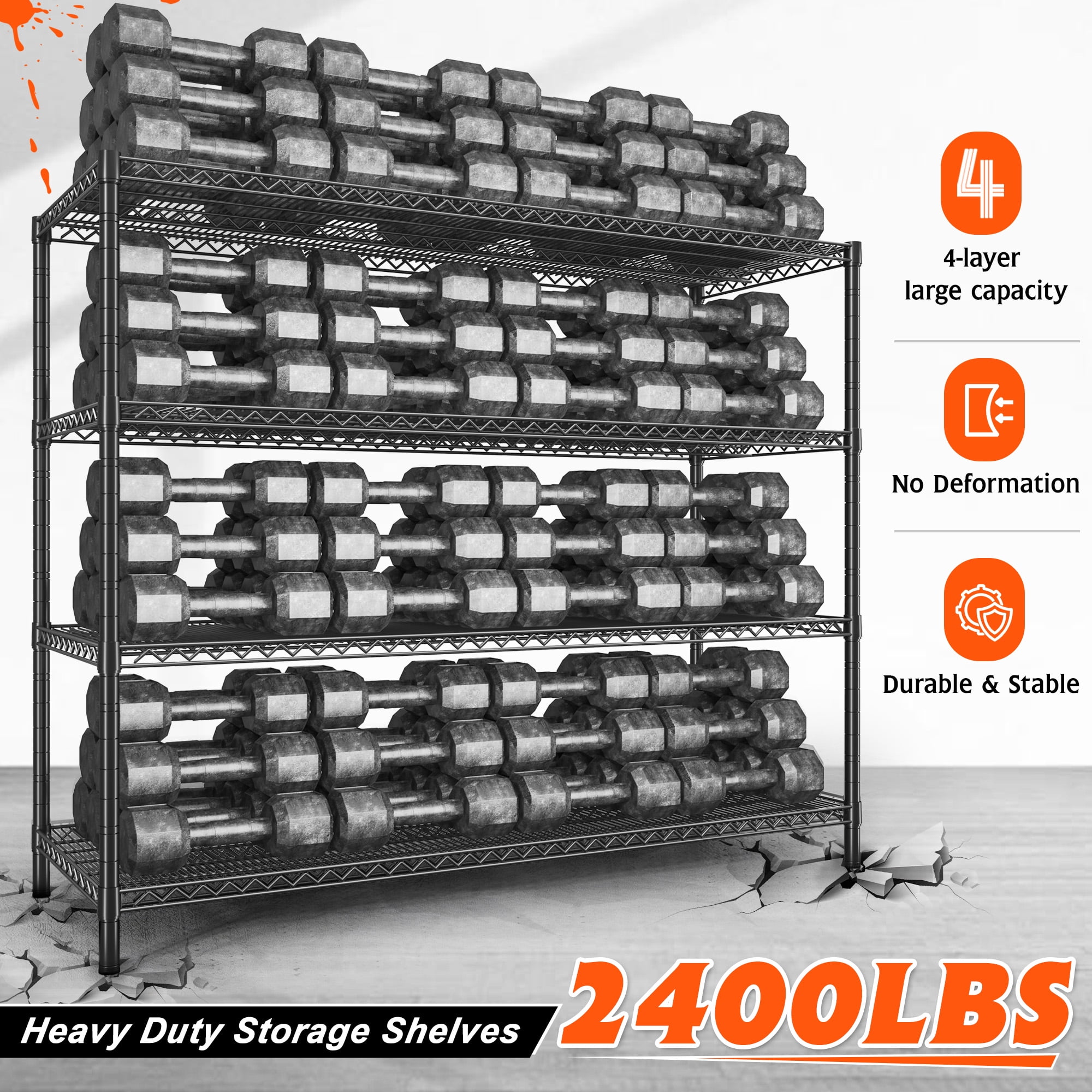 REIBII 60"W x 24"D x 65.3"H Wire Shelving 4 Shelf Storage Shelves with Wheels,2400lbs Total Capacity