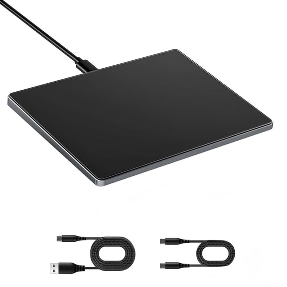 Sleek Fast Responsive Wired Touchpad, Large-size Trackpad Mouse, Left‑Hand Friendly, Metal Base, 2 Cables USB‑A to C & Dual Type‑C for Windows 10/11