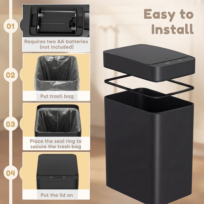 Homall 2 Pack Bathroom Trash Can with Lid, Slim Motion Sensor Waterproof Plastic Trash Bins, Touchless Smart Bin, Suitable for Multiple Settings, Black