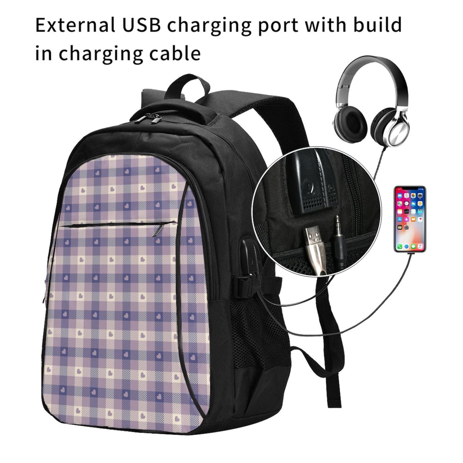 Vsdgher Heart Check Plaid Print Travel Laptop Backpack, Laptops Backpack with USB Charging Port, Water Resistant Computer Bag Gift for Men & Women